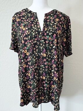 Pleione Black Floral Short Sleeve Tunic Blouse Top